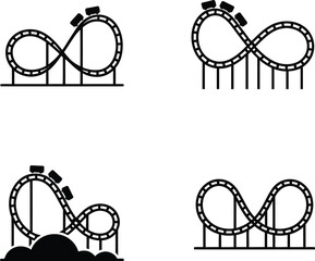 Four black and white minimalist icons depicting roller coaster tracks with infinity loops, some with cars.