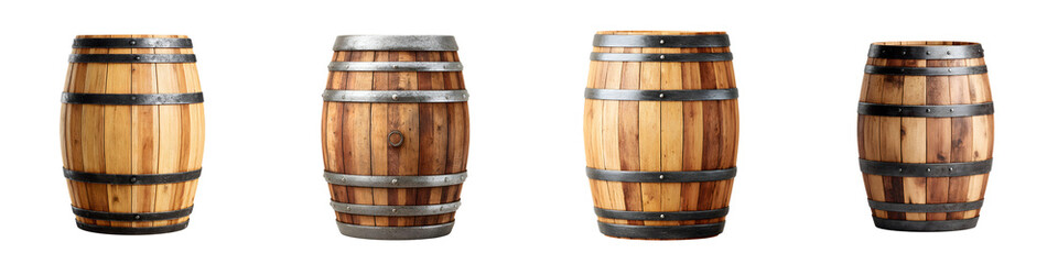 Fototapeta premium Collection of Wooden Wine Barrels, Isolated on White Background