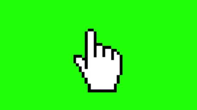 Retro 8-bit pixel art hand pointer, computer mouse cursor ui element isolated on transparent background.