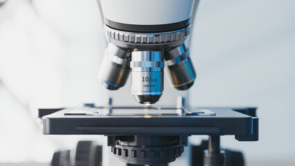 Front View of Microscope Objective Lens Positioned over Slide in a Bright Medical or Science Lab. 3d rendering