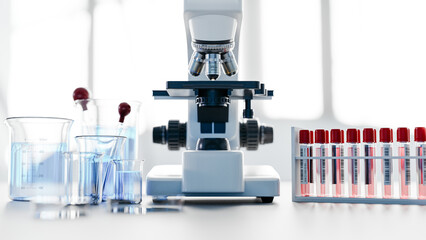 Scientific Laboratory with Microscope, Blood Test Tubes, and Beakers for Medical Research or Analysis. 3d rendering