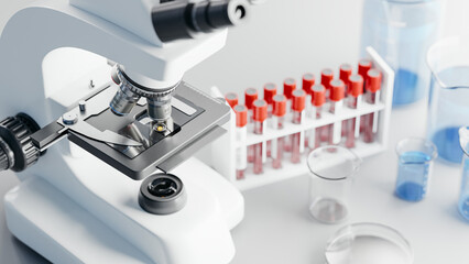 Medical Research Scene with Microscope, Blood Sample Tubes, and Beakers in a Clinical Laboratory....