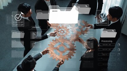 A diverse business team collaborates at a table with gears and a digital interface, illustrating effective project management and workflow optimization for enhanced productivity. Raster - Powered by Adobe