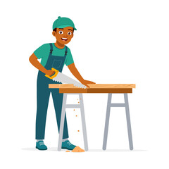 African American Carpenter Using Hand Saw to Cut Wood on Workbench Smiling Illustration