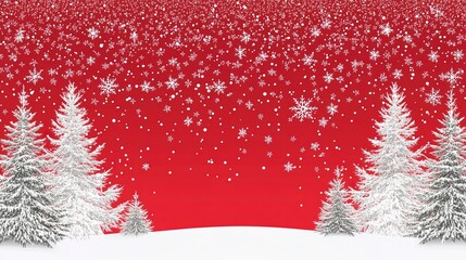 Octane render-style Christmas vector illustration: red background with white Christmas trees and falling snowflakes, center white space + white border, flat design with high-definition sharpness