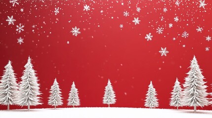 Octane render-style Christmas vector illustration: red background with white Christmas trees and falling snowflakes, center white space + white border, flat design with high-definition sharpness