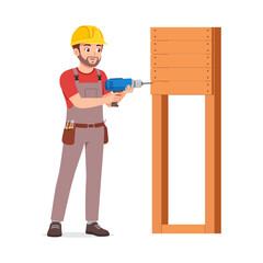 Carpenter using drill to wood construction industry worker working on wooden structure