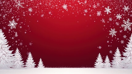 Octane render-style Christmas vector illustration: red background with white Christmas trees and falling snowflakes, center white space + white border, flat design with high-definition sharpness