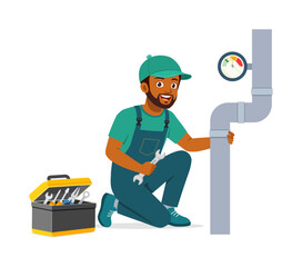 Happy African American Plumber Repairing Pipe with Wrench and Toolbox Illustration