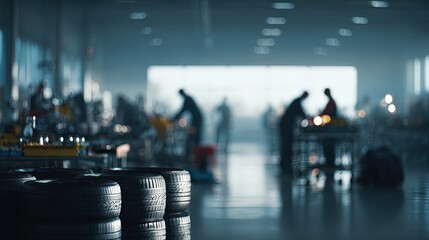 Blurred Industrial Factory Interior With Workers