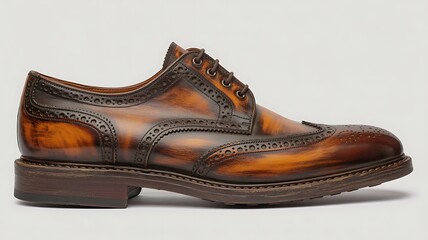 Elegant Brown Leather Wingtip Brogue Oxford Shoe with Burnished Finish on White High Quality Creative Image for Modern Digital Design