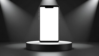 Modern smartphone display on a spotlighted stage, showcasing a sleek new technology concept, elegant and isolated for product presentation