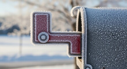 Frost-covered mailbox with a bright red flag stands out against a winter landscape, showcasing the beauty of seasonal changes and the charm of rural life