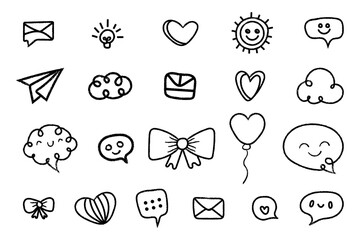 A set of hand drawn doodle icons with hearts, clouds, ribbons, balloons, envelopes, sun, light bulb, and cute chat bubbles.