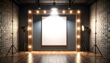 Dramatic theater backstage mock up with poster and mirror lit by vintage bulbs