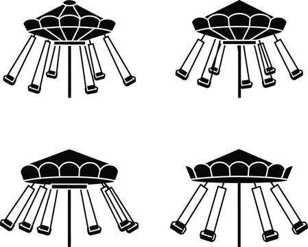 Four black silhouette illustrations of a classic amusement park swing ride, showing different angles and states of motion.