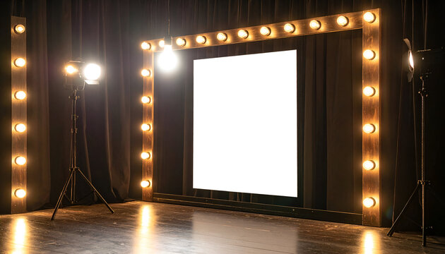 Blank theater backstage mirror with lights and mockup poster, ready for design