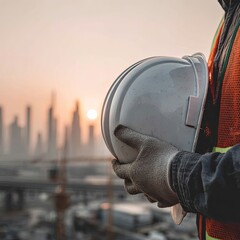 Construction Worker Holding Safety Helmet At Sunset City View