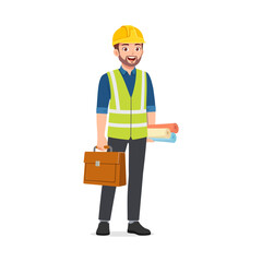 Cheerful Caucasian Construction Worker Holding Briefcase and Blueprints Standing Isolated