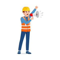 Cartoon Male Construction Worker Yelling Through Megaphone in Protective Gear with Raised Fist