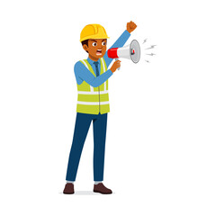 African American Construction Worker Announcing with Megaphone with Fist Up in Uniform