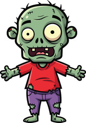 Cartoon zombie character illustration, funny green monster with torn clothes, scary undead mascot design, Halloween horror vector art, spooky creature drawing