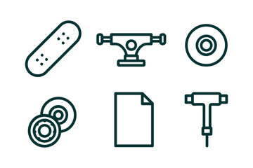 Skateboard components: deck, trucks, wheels, bearings, grip tape, t-tool icons.