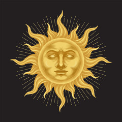 Mythical golden sun face with masculine expression