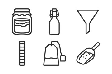 Fototapeta premium Outline icons of jar, bottle, funnel, ruler, tea bag, scoop on white background.