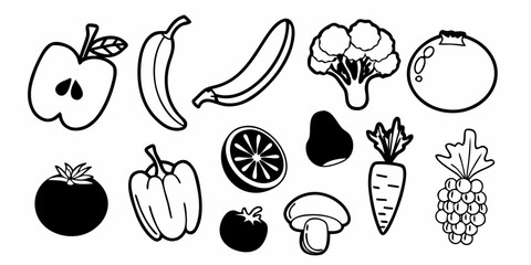 Illustration of a variety of fruits and vegetables in black and white outline drawing style art design