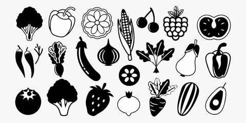 Illustration featuring a diverse collection of fresh vegetables and fruits in black and white style