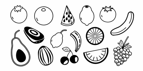 Illustration of various fruits including tomato, orange, watermelon, lemon, banana and grapes line art