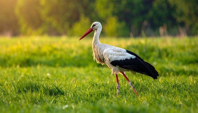 A stork walks through a lush green field, backlit by golden sunlight, with trees in the distance