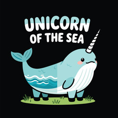 Narwhal cartoon cute blue animal with horn standing on grass ground