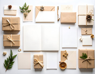Flat lay of elegantly wrapped gifts and stationery, evoking a festive and organized holiday spirit