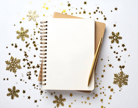 Festive flat lay of a blank spiral notebook and golden pen, surrounded by shimmering snowflake and star confetti on a clean white background