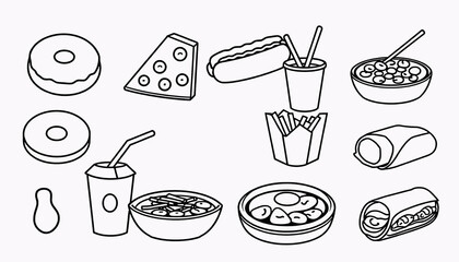 Set of fast food icons simple line art vector design elements isolated on white background