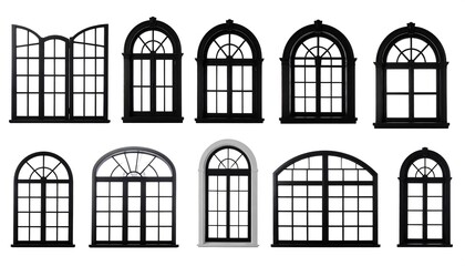 Group of ten arched windows with decorative grilles, showcasing various styles and designs on a white background