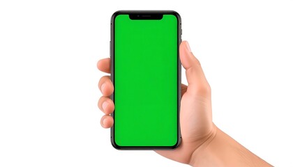 A hand holds a black smartphone with a bright green screen isolated on a white background