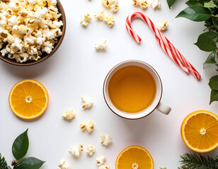 Cozy winter flat lay with a warm cup of hot cider, a bowl of popcorn, a candy cane, and fresh orange slices on a white background