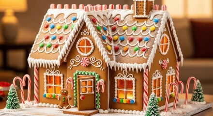 Colorful gingerbread house decorated with icing, candy, and gumdrops, surrounded by miniature trees and candy canes, evoking a festive holiday atmosphere and sweet nostalgia