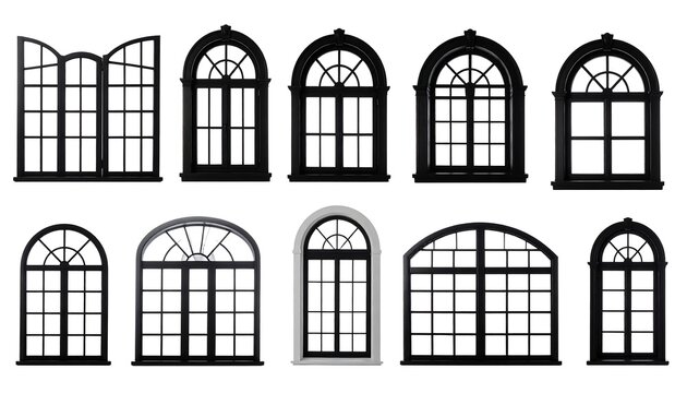 Group of ten arched windows with decorative grilles, showcasing various styles and designs on a white background