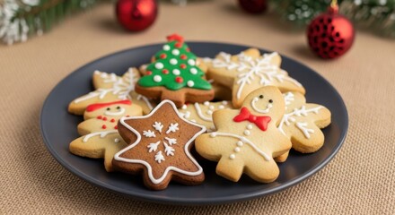 Festively decorated gingerbread cookies arranged on a dark plate, featuring cheerful designs like a Christmas tree, snowflakes, and a smiling gingerbread man, perfect for holiday celebrations