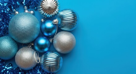 Colorful assortment of blue and silver Christmas ornaments arranged on a vibrant blue background, creating a festive atmosphere for holiday celebrations and decorations