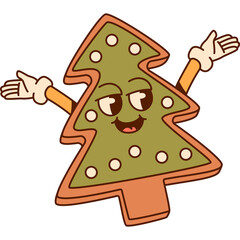 Retro Style Christmas Tree Cookie Character With Green Icing And White Dots Smiling With Arms Outstretched And A Festive And Playful Expression On A Transparent Background