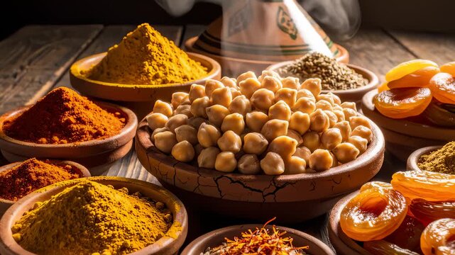 Assorted Spices Displayed in Rustic Bowls on Wooden Tabletop
