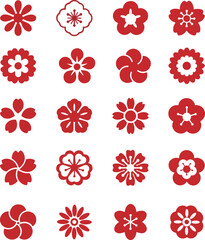Set of Japanese or Chinese plum blossom and cherry blossom floral icons in flat red color.