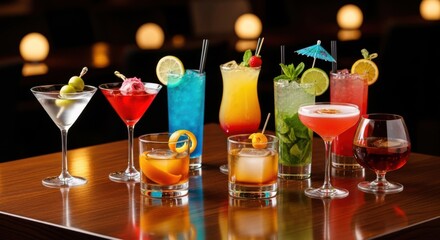 Colorful assortment of cocktails displayed on a wooden bar top, featuring various garnishes and vibrant hues, creating an inviting atmosphere for social gatherings