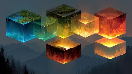 Colorful glowing cubes arranged in a group against a dark background.