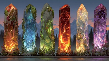 Six colorful glowing crystals stand side by side against a blurred background.